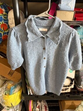 Lauren Conrad Light Blue Knit Short-Sleeve Button-Up Sweater. Size Small